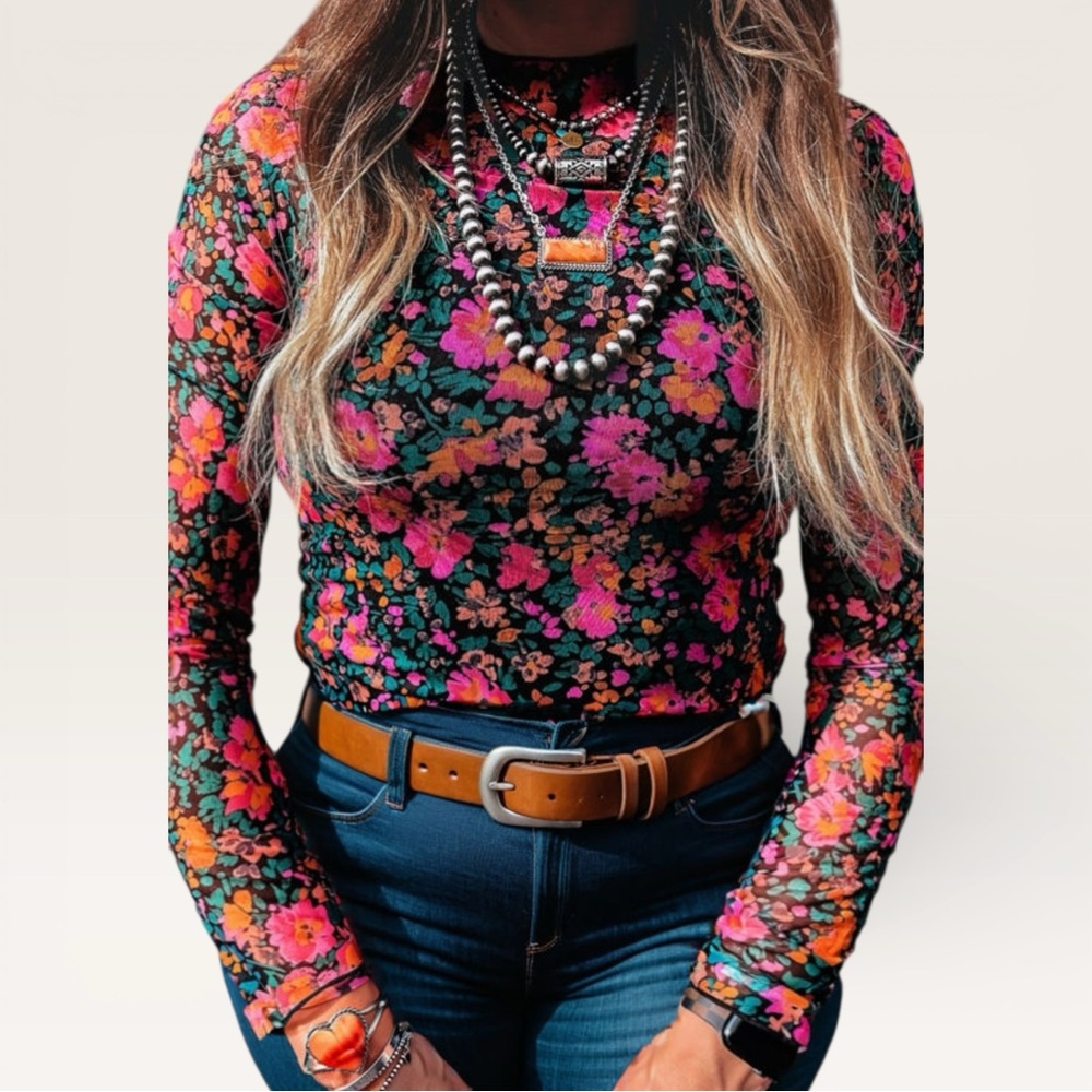 1002. Plus-Floral Long Sleeve Mesh Top